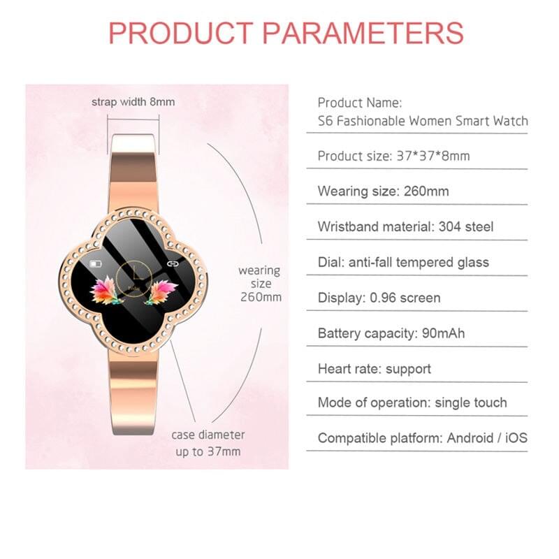 S6 Pulsera Inteligente para Mujer - Monitoreo de Ritmo Cardíaco y Presión Arterial, Resistente al Agua IP67