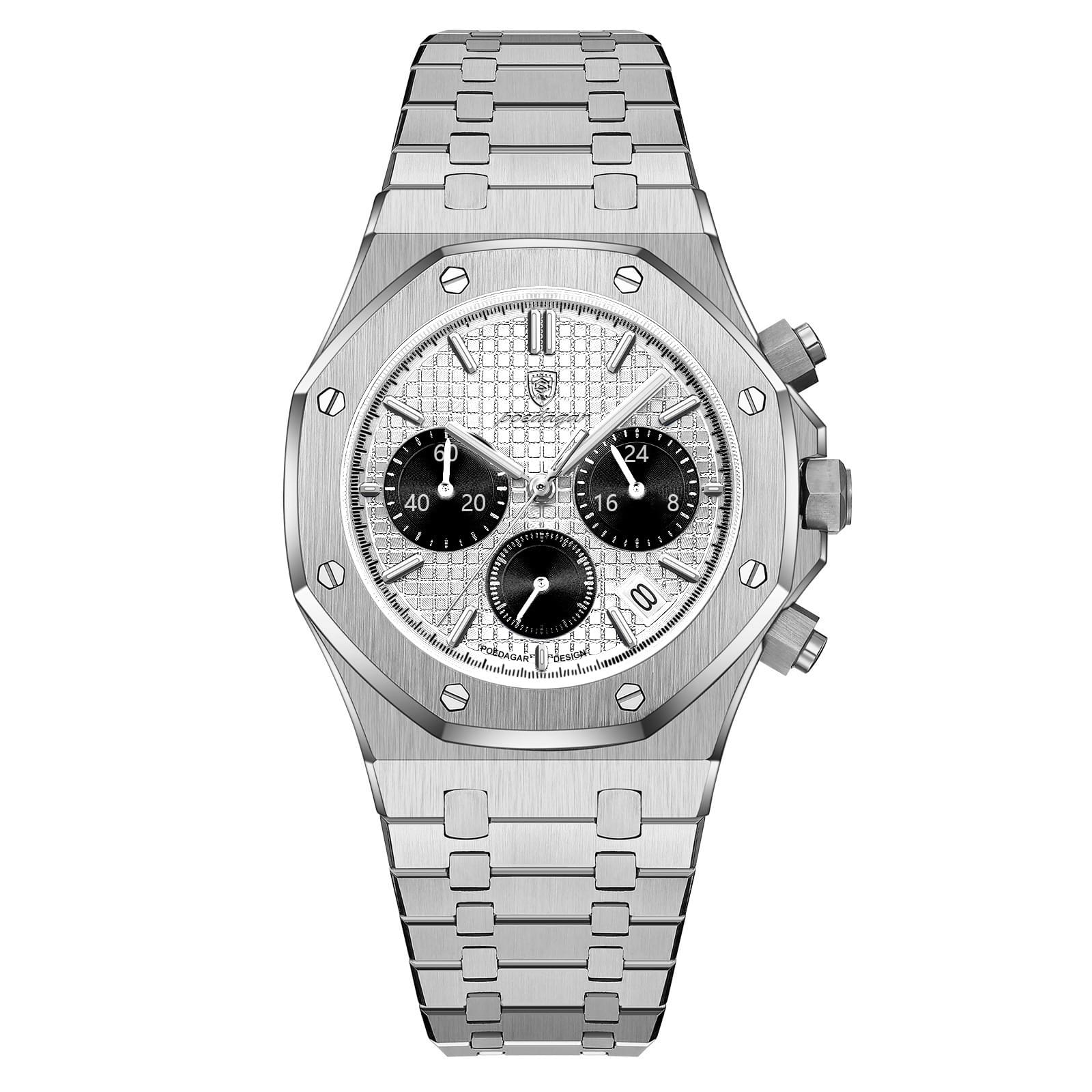 POEDAGAR Reloj de Cuarzo para Hombre, Cronógrafo y Correa de Acero Inoxidable