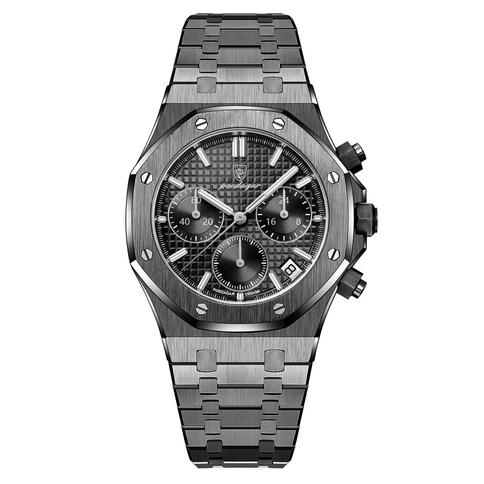 POEDAGAR Reloj de Cuarzo para Hombre, Cronógrafo y Correa de Acero Inoxidable