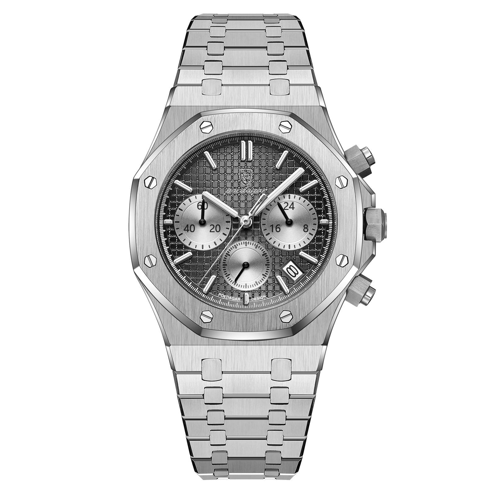 POEDAGAR Reloj de Cuarzo para Hombre, Cronógrafo y Correa de Acero Inoxidable