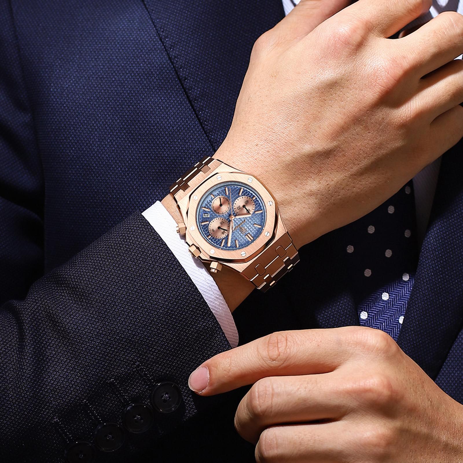 POEDAGAR Reloj de Cuarzo para Hombre, Cronógrafo y Correa de Acero Inoxidable