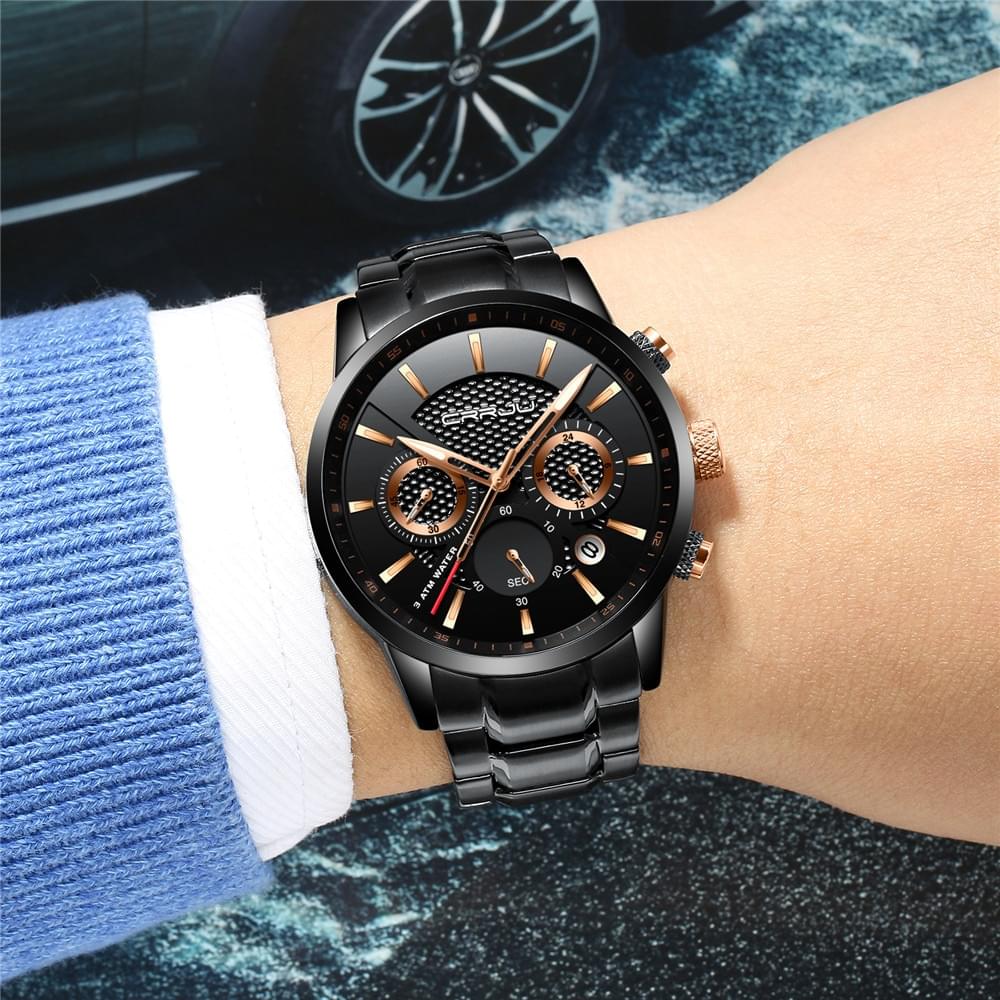 Reloj de lujo para hombre CRRJU - Elegante cronógrafo con correa de acero inoxidable