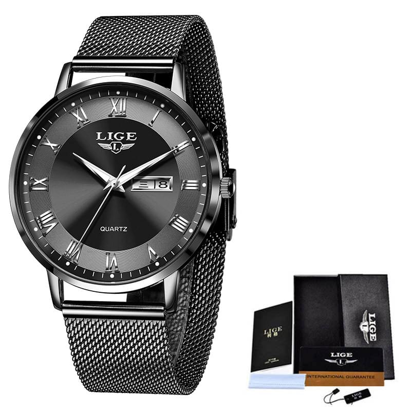 LIGE Reloj Ultra Delgado para Mujer, Doble Calendario y Correa de Malla Milanesa